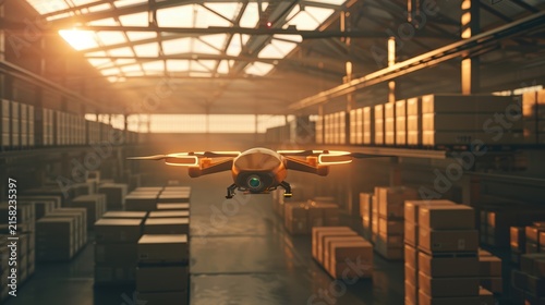 Industrial cargo delivery drone flying over logistics warehouse hub
