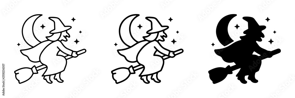 Obraz premium Witch Flying on Broomstick Vector Icons, Halloween Moon and Stars, Silhouette and Outline Styles