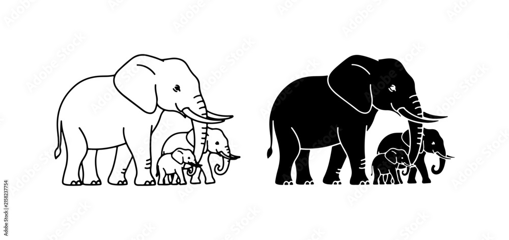 Fototapeta premium Elephant Family Silhouette, Outline Vector Art, Cute Baby Elephants, Safari Wildlife Icons