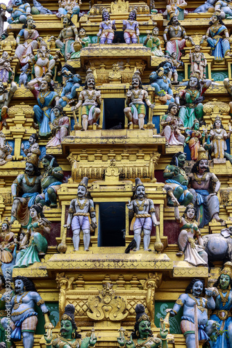 Exquisite Hindu temple, Gopuram tower with sculpted deities. Colombo. Sri Lanka