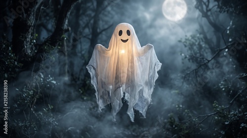 Whimsical glowing ghost with smiling face floating through misty autumn forest at night, ideal for Halloween marketing, spooky social media graphics, and family friendly horror illustrations