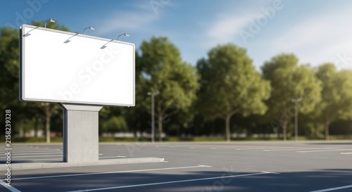 Blank outdoor billboard in an empty parking lot with green trees and blue sky.