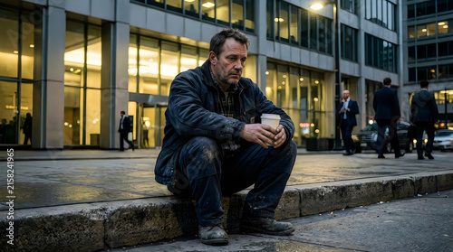 Weary middle-aged worker sitting on a curb holding a coffee cup in a city street setting.