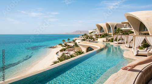 A luxurious modern resort with an infinity pool overlooks a pristine white sandy beach and.