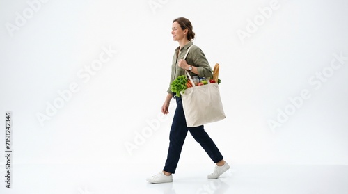 Woman walking with reusable shopping bag full of groceries and bread