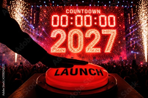 Hand pressing red launch button for 2027 new year countdown on large digital screen with fireworks and crowd