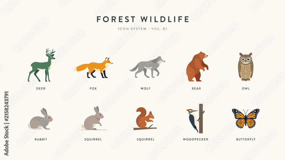 Obraz premium Modern forest wildlife vector icons – Suitable for woodland conservation projects, nature park signage, or environmental campaigns.