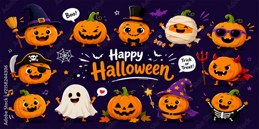 Fototapeta premium Halloween Seamless Background with Pumpkins Bats Ghosts Black Cats Witch Hats Spooky Icons and Autumn Holiday Elements Vector Pattern for October Celebration Design