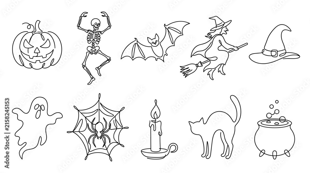 Fototapeta premium Halloween object set, minimalist continuous one line art, skeleton, pumpkin, witch, ghost, black cat vector