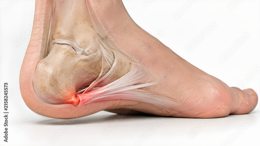 Fototapeta premium Heel spur and plantar fascia insertion stress medical education image showing realistic calcaneus anatomy and inflammation focus for healthcare communication, podiatry, and patient education