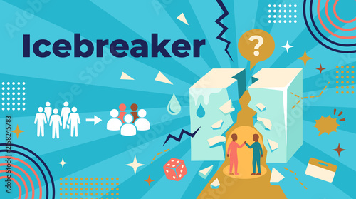 Icebreaker concept flat vector banner with two people meeting inside cracking ice block, group bonding, question mark, and dice on sky blue background