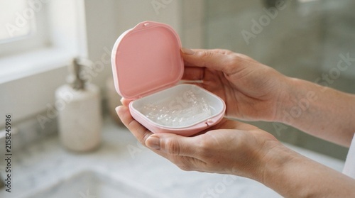 A close-up shot of a person holding an open light pink plastic retainer case containing transparent orthodontic aligners in a bathroom setting.