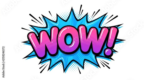 Comic book style wow explosion with halftone dots and vibrant colors on a white background text typography color popart speechbubble