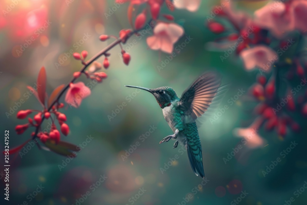 Naklejka premium Hummingbird near vibrant flowers