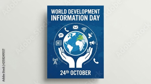 World development information day poster features a globe held by hands with communication icons global technology digital network connectivity earth