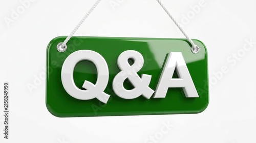 Green rectangular sign displaying the letters Q A in white hanging from two ropes questionandanswer signage questions answers inquiry communication