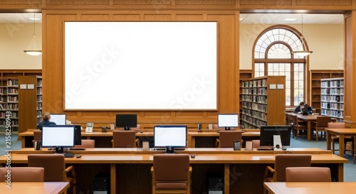 Spacious traditional library with rows of wooden desks, computers, and a large blank screen, surrounded by bookshelves and an arched window.