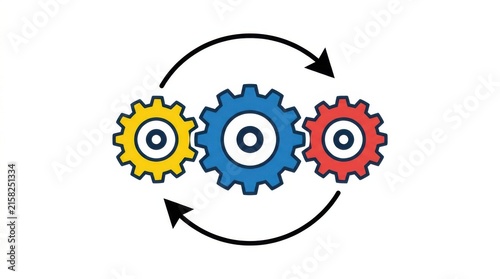 Three colorful gears with circular arrows represent a continuous process on a white background cogwheel mechanism engineering workflow rotation interlocking