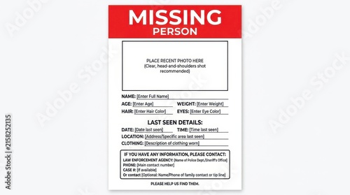 Blank missing person poster with red header and white fillable fields isolated on white missingperson notice flyer redheader whitebackground fillablefields