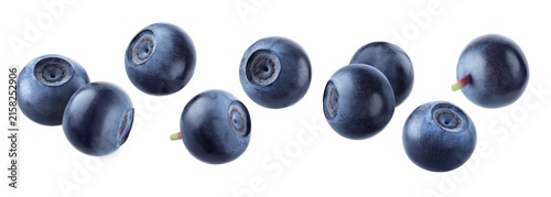 Eight whole bilberries scattered in a horizontal floating arrangement isolated on transparent background.