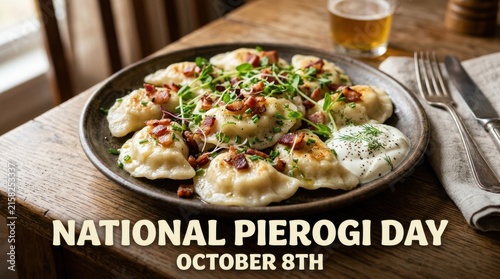 A plate of pierogi dumplings with bacon and herbs presents a hearty polish cuisine offering polishfood polishcuisine potatoandcheese savorypastry