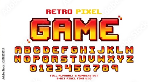 Retro pixel font displaying the word game alongside a full alphabet and numbers set on a white background 8bit