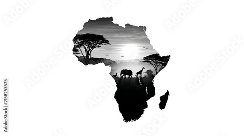 Black silhouette of a tree and giraffe with a heart shape cutout on white background