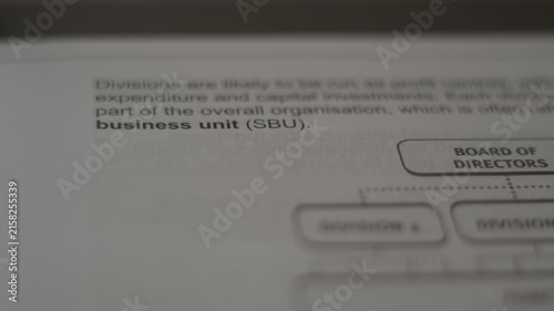 Blurry text on paper shows organizational chart. Board of directors oversees divisions and business units. Text emphasizes corporate structure and responsibilities. Ideal for business, finance