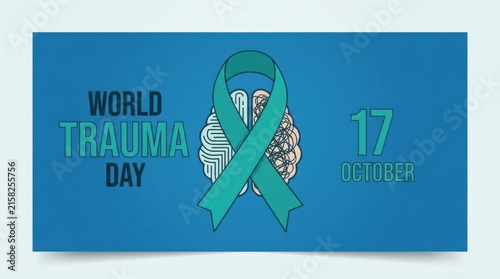 A teal awareness ribbon with a coiled brain illustration commemorates world trauma day on october seventeenth coil vector graphic