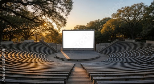 Empty outdoor amphitheater with a large blank screen surrounded by trees at sunset.