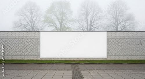 A blank white billboard on a textured grey wall with bare trees in a foggy background.
