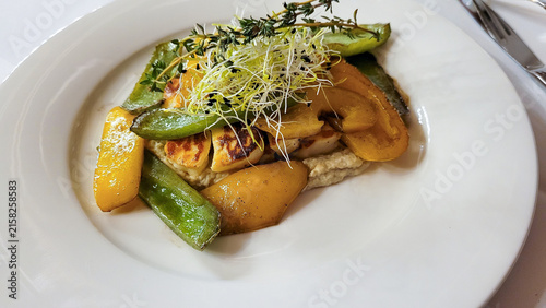 Grilled halloumi cheese and bell peppers on hummus