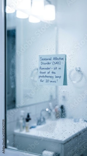 Mental health self care reminder sticky note on bathroom mirror for seasonal affective disorder sad treatment, winter blues phototherapy light therapy psychology therapy concept