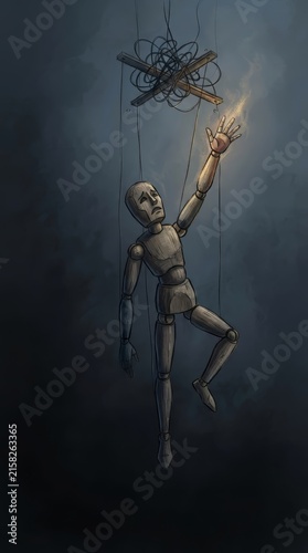 Surrealism wooden marionette puppet, conceptual metaphor for depression, hopelessness, and sadness, existentialism and control, artistic illustration of manipulation and freedom with hanging strings