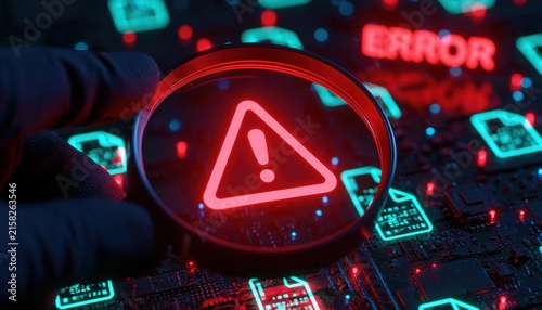 Magnifying glass inspecting a glowing red warning sign on a digital circuit board