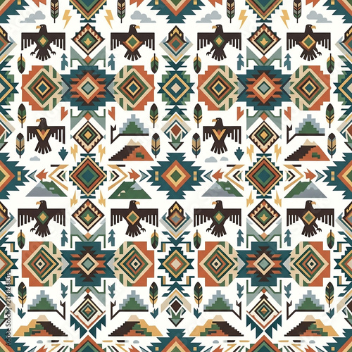 Ethnic Geometric Seamless Pattern with Thunderbird Icons