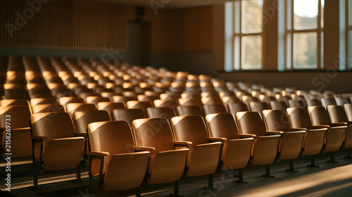 A serene view of empty auditorium seating bathed in warm, golden light.