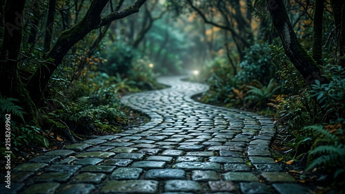 Winding cobblestone path through a mystical enchanted forest