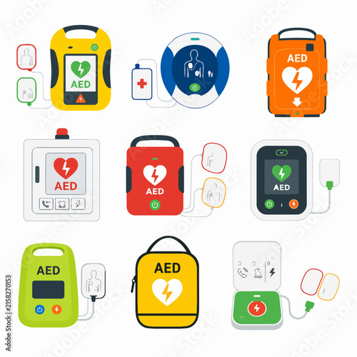 A collection of nine automated external defibrillator (AED) devices and their components are displayed in a grid layout.