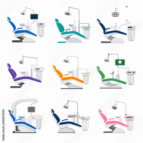 A flat vector illustration set features nine dental chairs in various colors with medical equipment arranged in a grid.