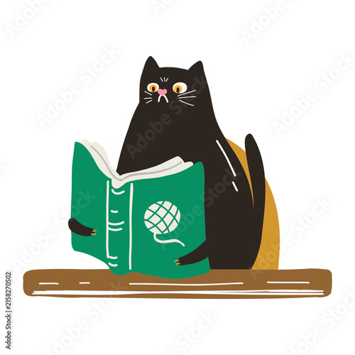 Adorable cartoon black cat reading an interesting green book