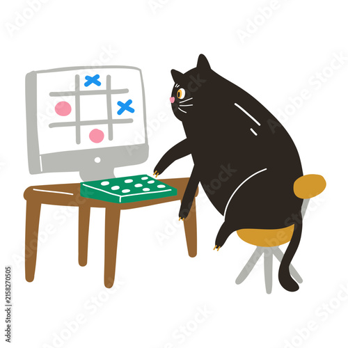 Cute black cat playing tic-tac-toe computer game funny illustration