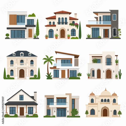 A collection of various residential house architectural styles is displayed as a set of flat vector illustrations.