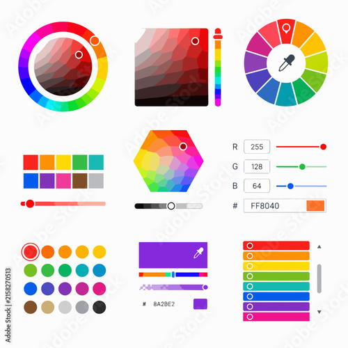 A collection of colorful digital color palette tools and swatches are displayed on a white.