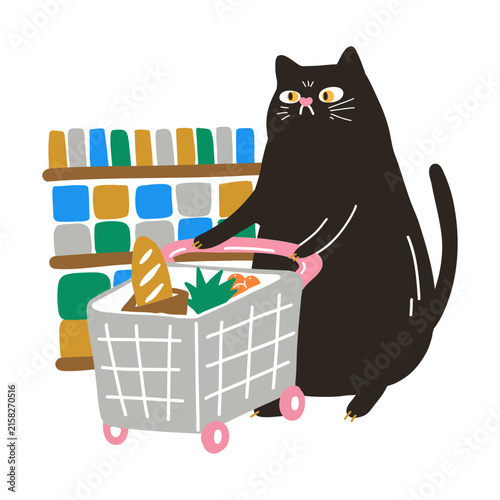 Adorable black cat shopping for groceries in a supermarket illustration