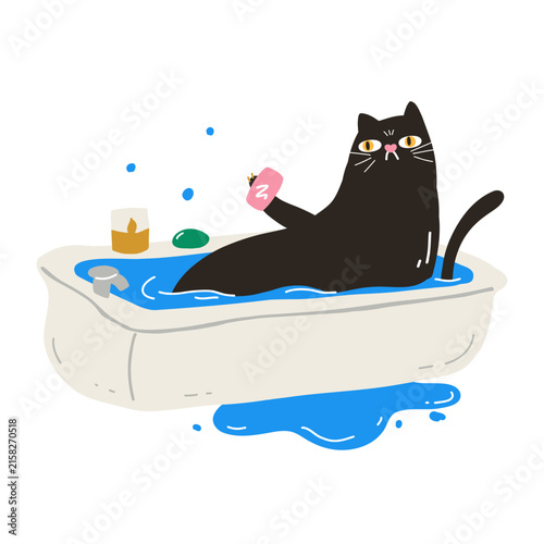 Annoyed black cat taking a funny bubble bath in overflowing bathtub