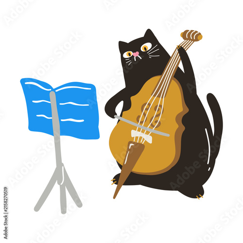 Cute cartoon black cat playing cello with sheet music and stand