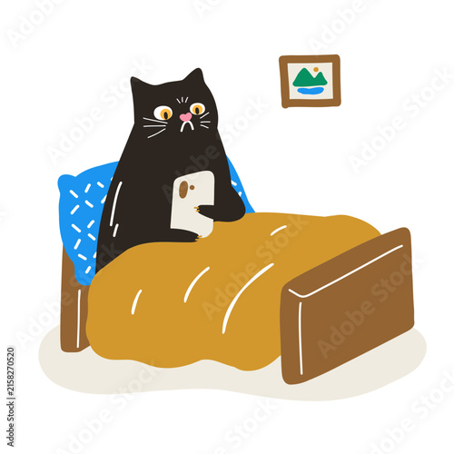 Funny black cat illustration in bed surprised by mobile phone