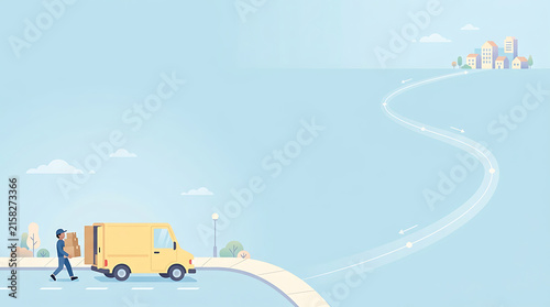 Minimalist vector illustration of delivery truck and logistics route