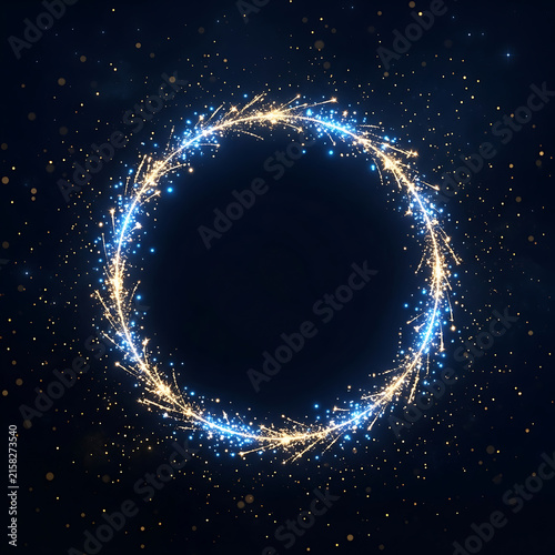 Sparkling gold ring with blue light particles on navy background